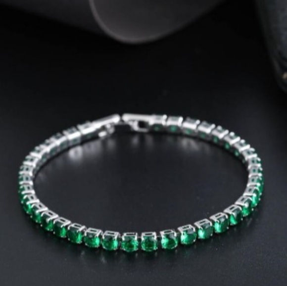 Green Rhinestone Sterling Silver Tennis Bracelet - Picture 1 of 4